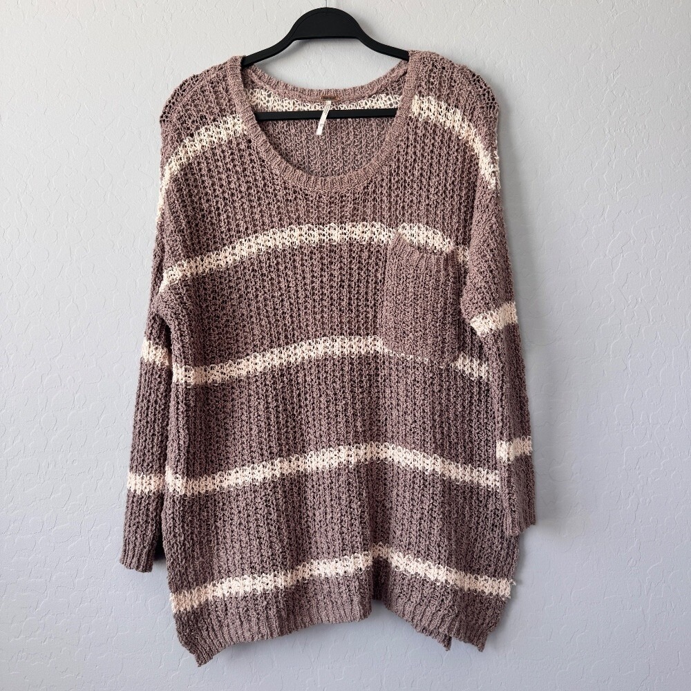 Free People Striped Knit Pullover Sweater with Pocket Oversized XS